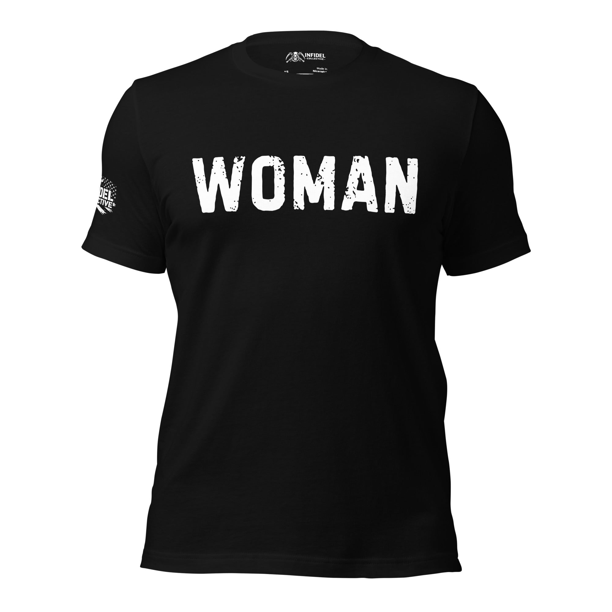 Black front-and-back tee featuring Woman text on the front and a definition-style statement graphic on the back
