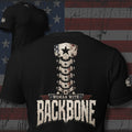 Woman with Backbone American flag spine back print black tee from Infidel Collective