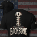 Woman With Backbone back print graphic on black tee featuring a patriotic spine design with stars and distressed lettering