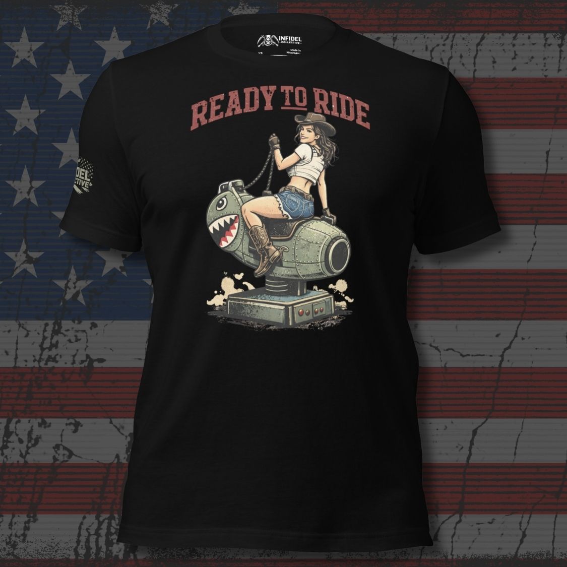 Mockup of black tee "ready to ride".