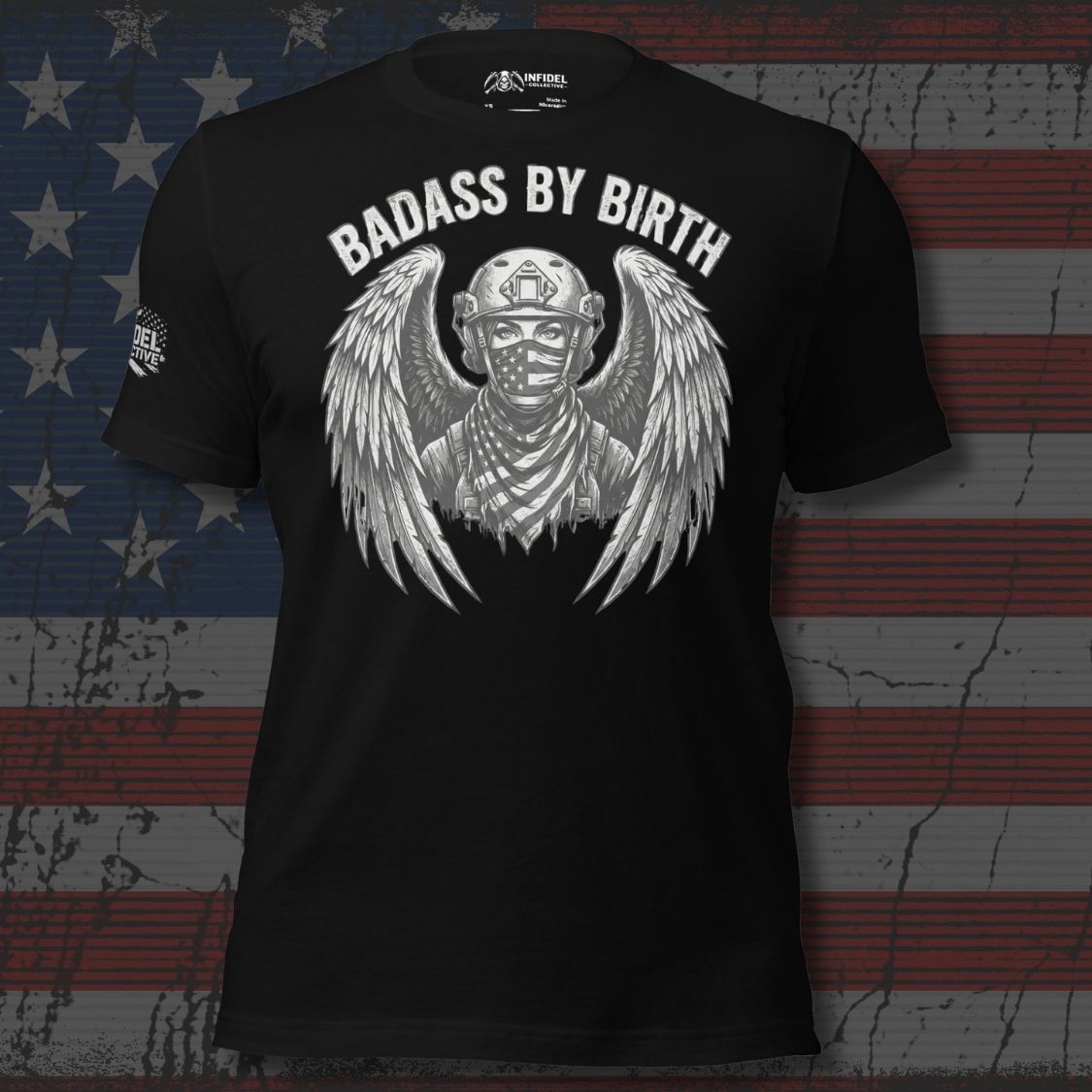 Black t-shirt with graphic design and text 'Badass by Birth' against an American flag background