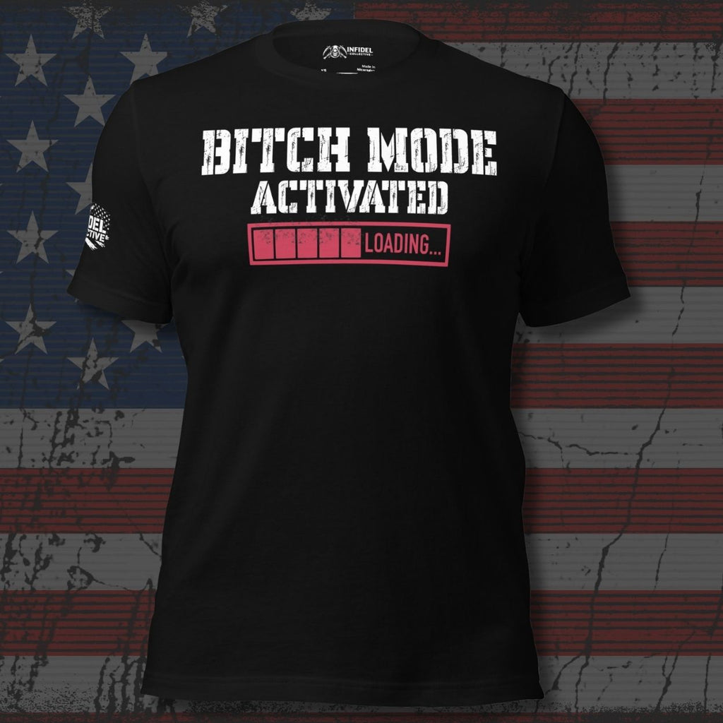 Black t-shirt with 'Bitch Mode Activated Loading' text on an American flag background