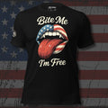 Bite Me I'm Free lips and tongue in American flag colors design front print black tee from Infidel Collective