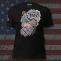 How About We FAFO pinup woman riding a grenade design front print black tee from Infidel Collective