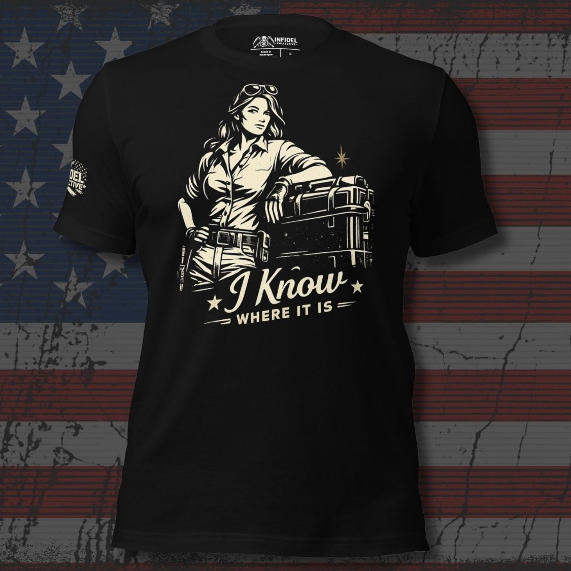 Black t-shirt with graphic design and text on an American flag background