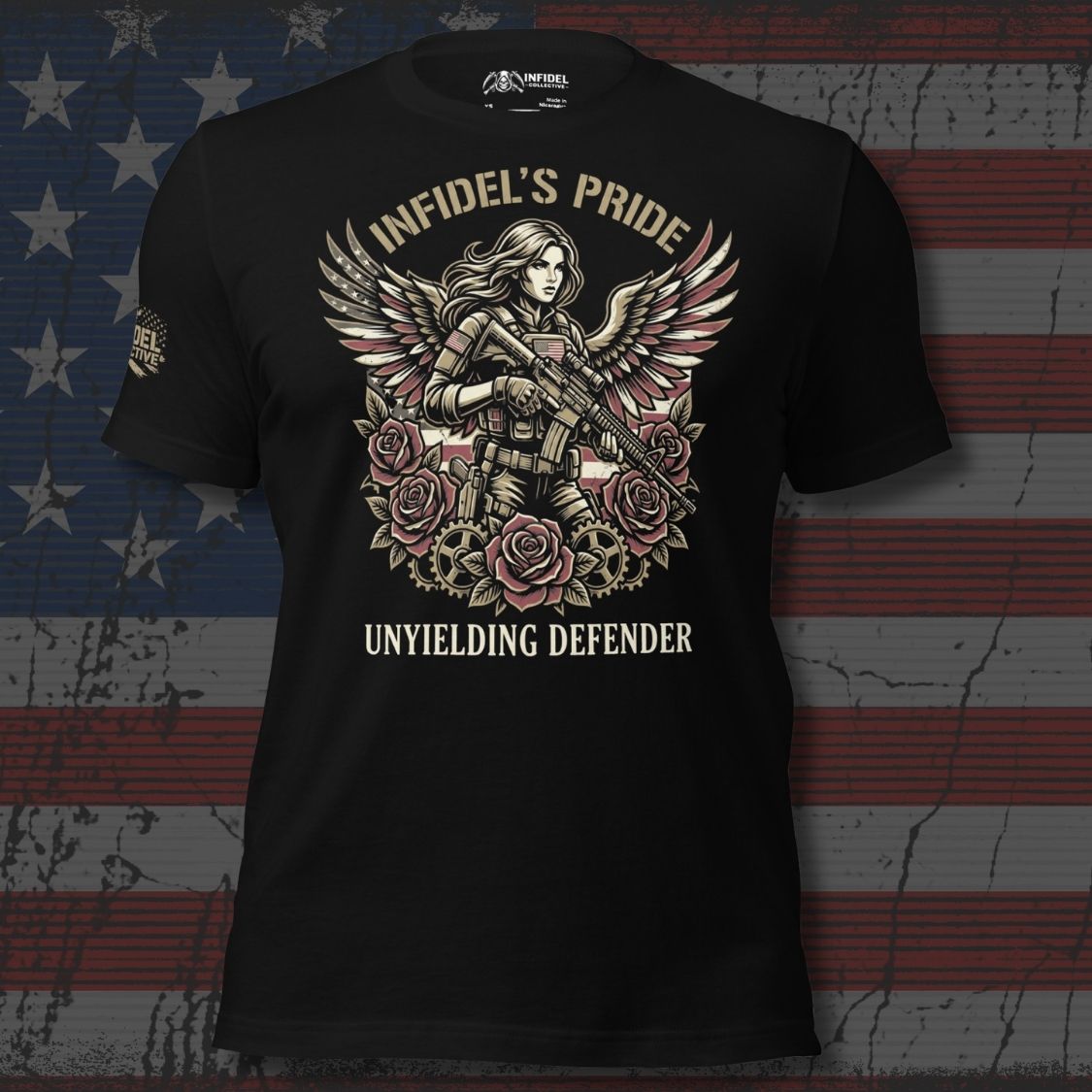 Black t-shirt with graphic design featuring a woman with wings and roses on an American flag background.