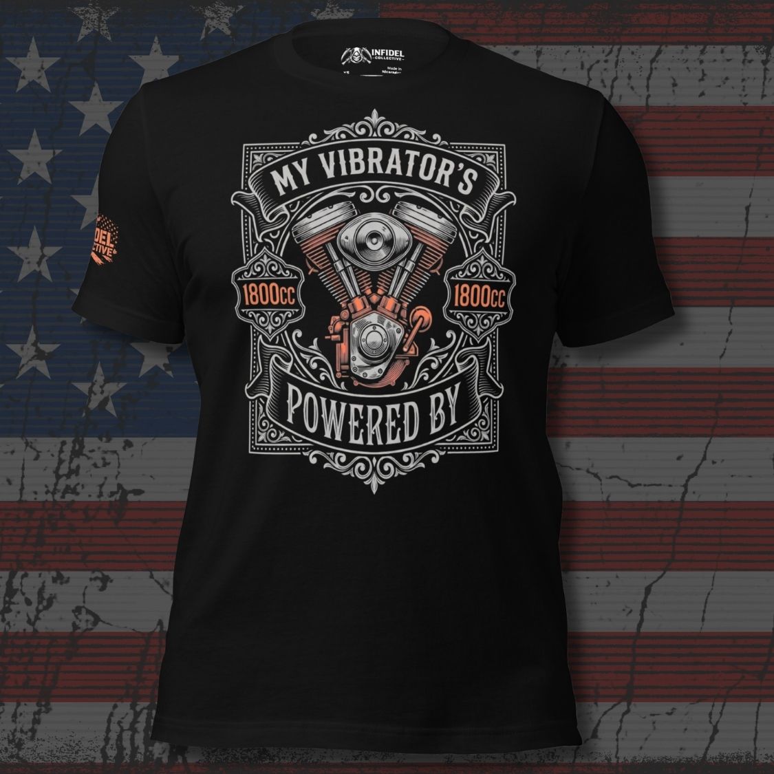 Black t-shirt with motorcycle engine graphic and text on an American flag background