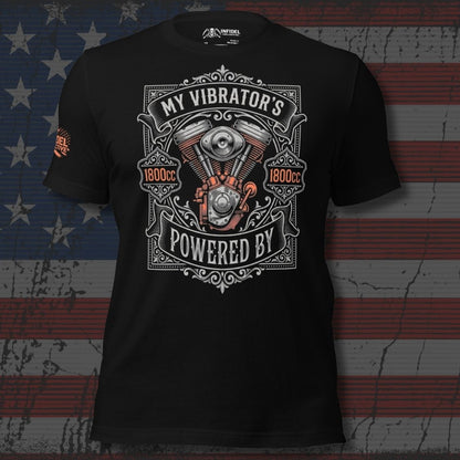 Black t-shirt with motorcycle engine graphic and text on an American flag background