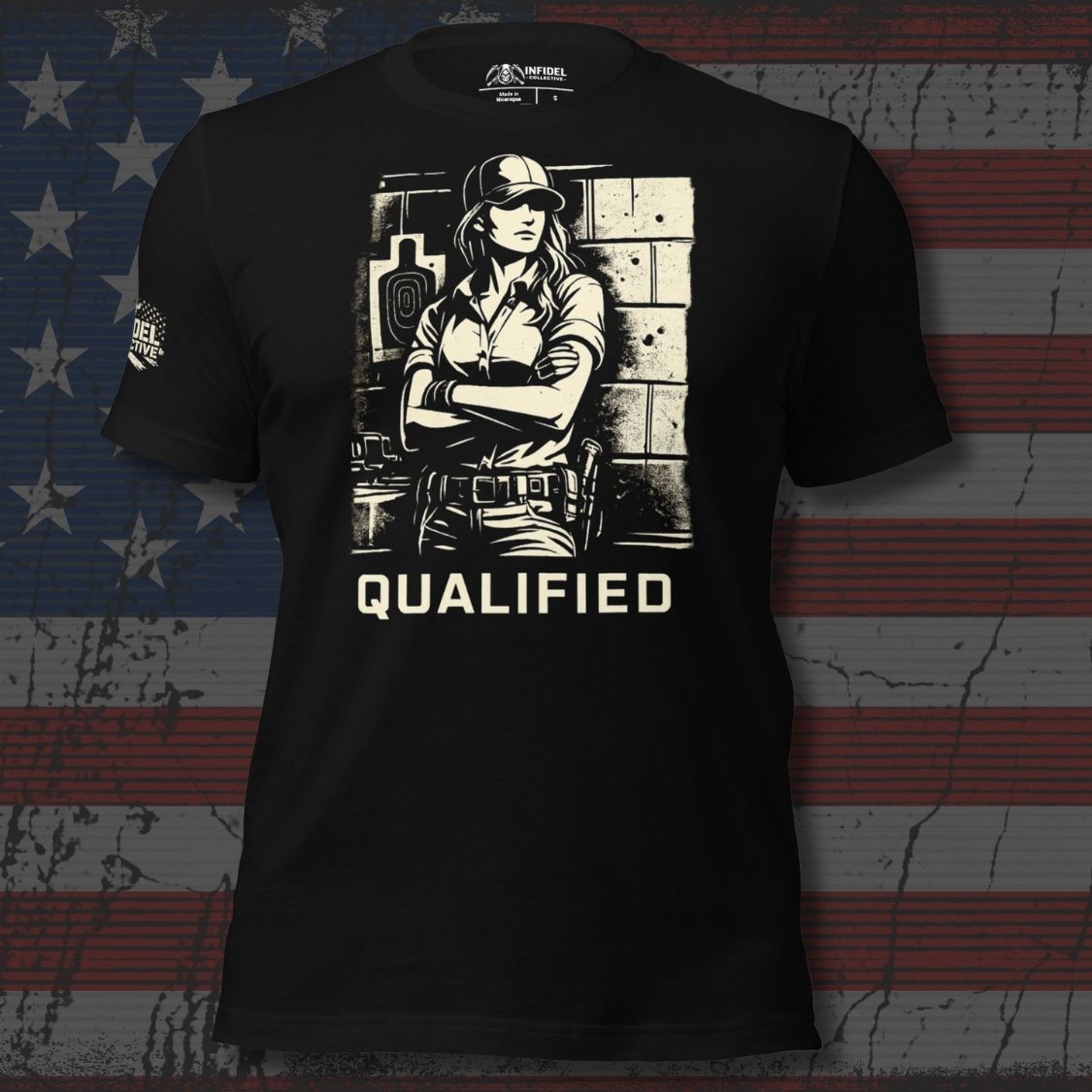 Black t-shirt with a graphic design and 'QUALIFIED' text on an American flag background