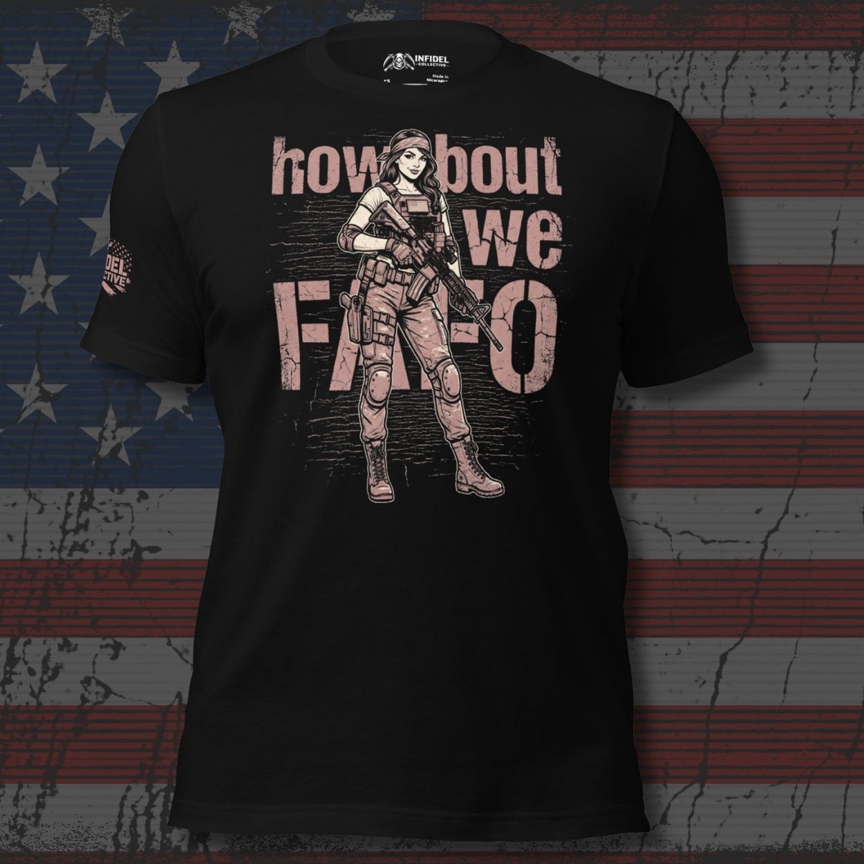 Black t-shirt with graphic design and text on an American flag background