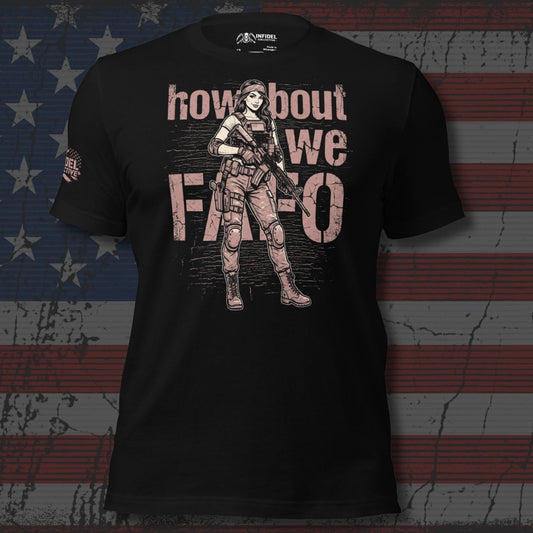 Black t-shirt with graphic design and text on an American flag background