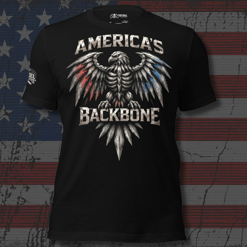 America's Backbone armored bald eagle in red, white, and blue design front print black tee from Infidel Collective