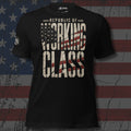 Republic of the Working Class distressed American flag typography design front print black tee from Infidel Collective