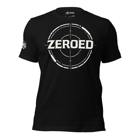 Black t-shirt with 'ZEROED' logo on a white background