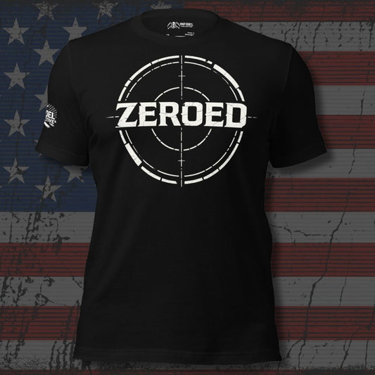 Black t-shirt with 'ZEROED' logo on a distressed American flag background