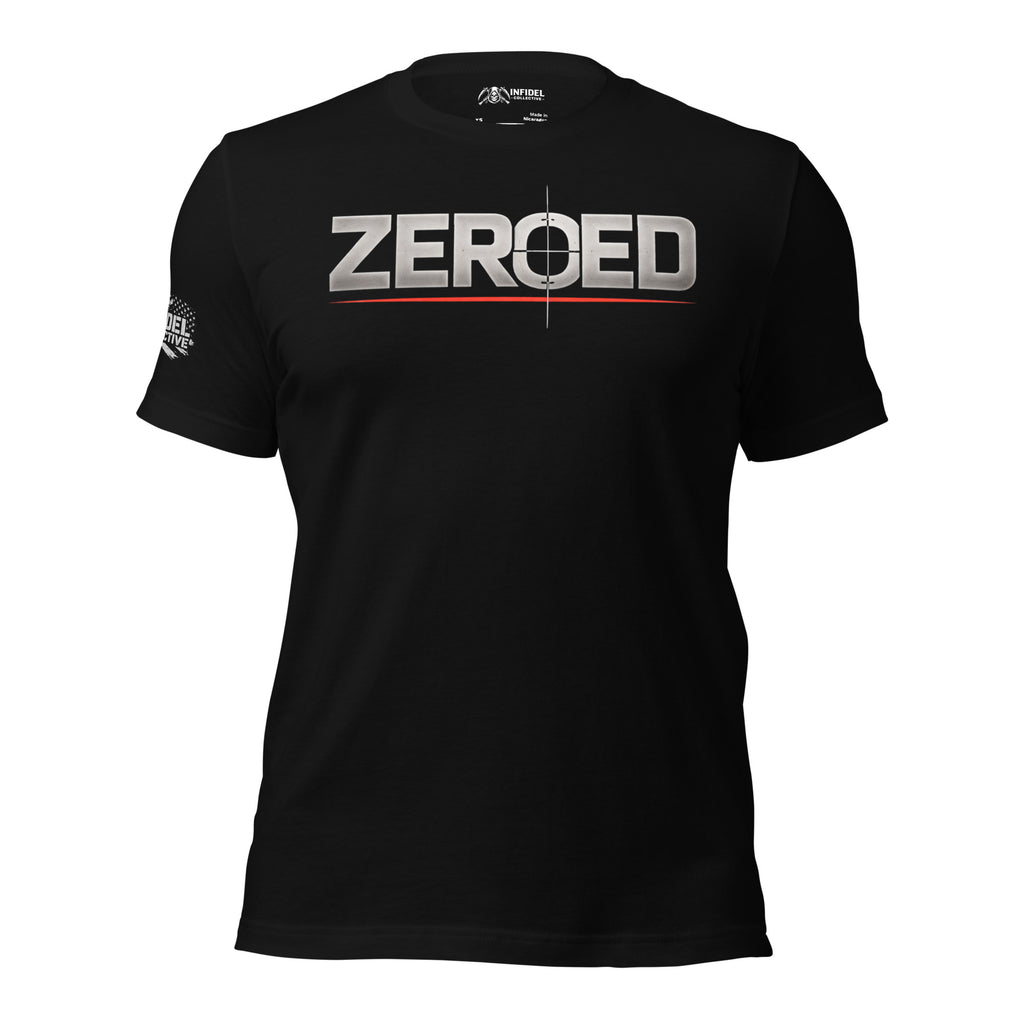 Black t-shirt with 'ZEROED' logo on a white background