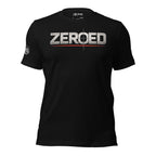 Black t-shirt with 'ZEROED' logo on a white background