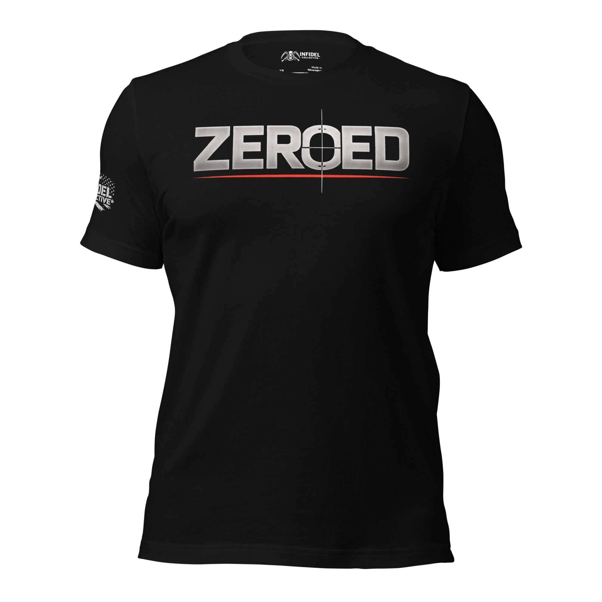 Black t-shirt with 'ZEROED' logo on a white background