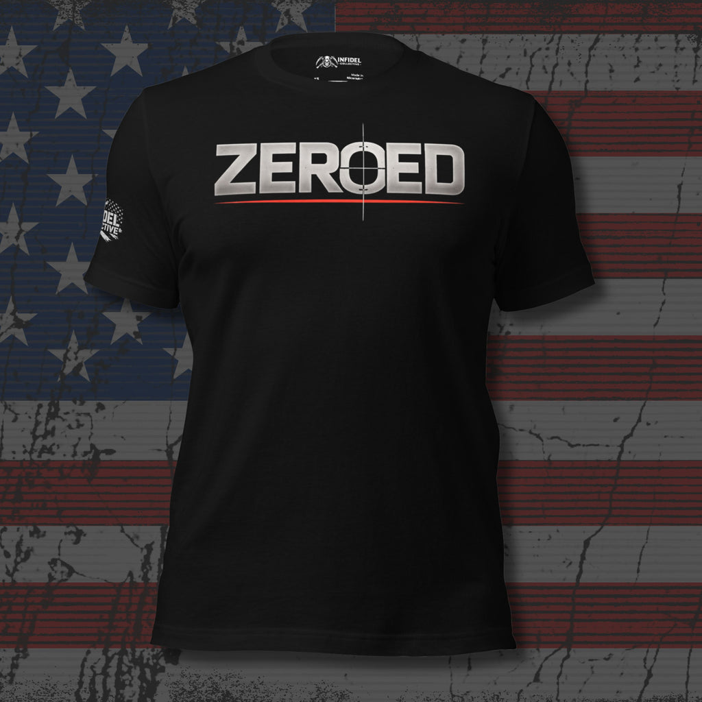 Black t-shirt with 'ZEROED' logo on a distressed American flag background