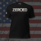 Black t-shirt with 'ZEROED' logo on a distressed American flag background