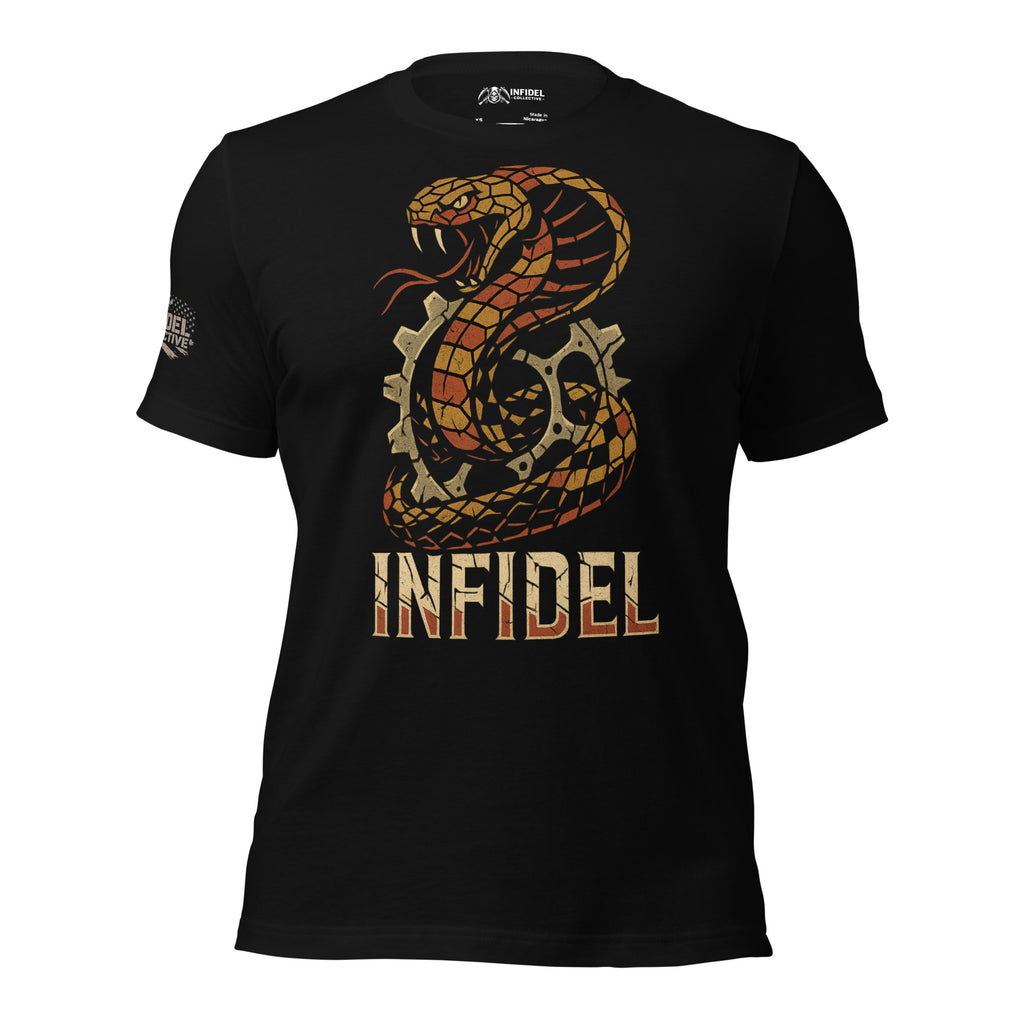 Copperhead snake wrapped around a sprocket gear with INFIDEL text front print on black tee