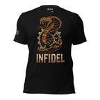 Copperhead snake wrapped around a sprocket gear with INFIDEL text front print on black tee