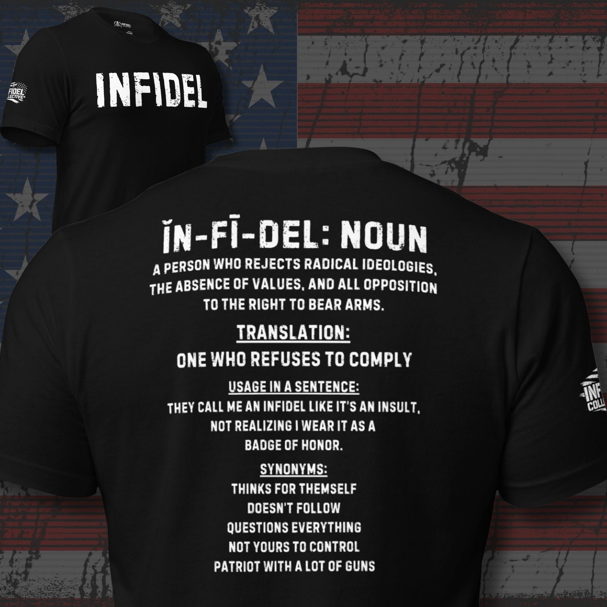 INFIDEL Defined back print black graphic tee from Infidel Collective