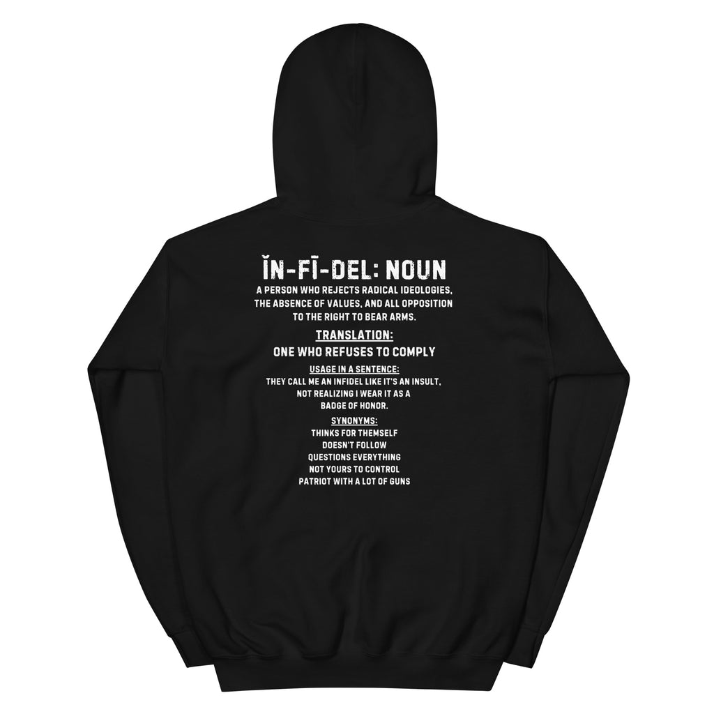 Infidel definition back print black hoodie from Infidel Collective