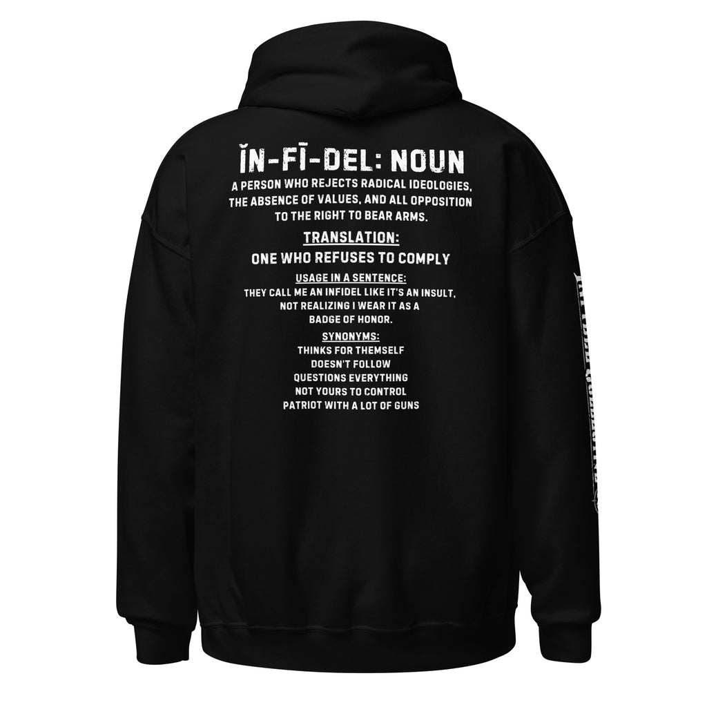 Infidel definition back print black hoodie from Infidel Collective