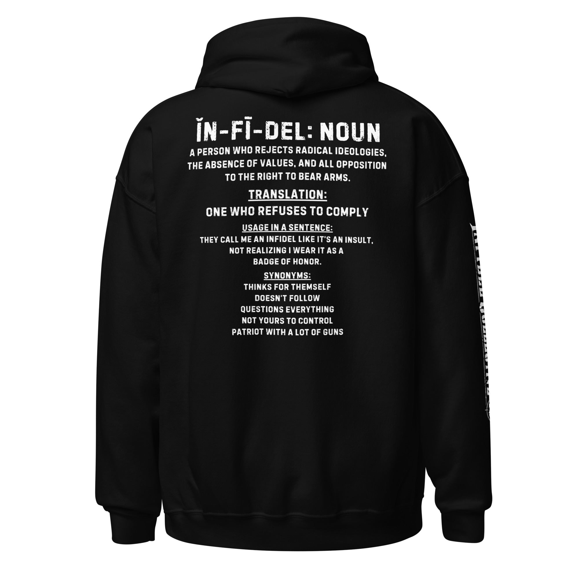 Infidel definition back print black hoodie from Infidel Collective