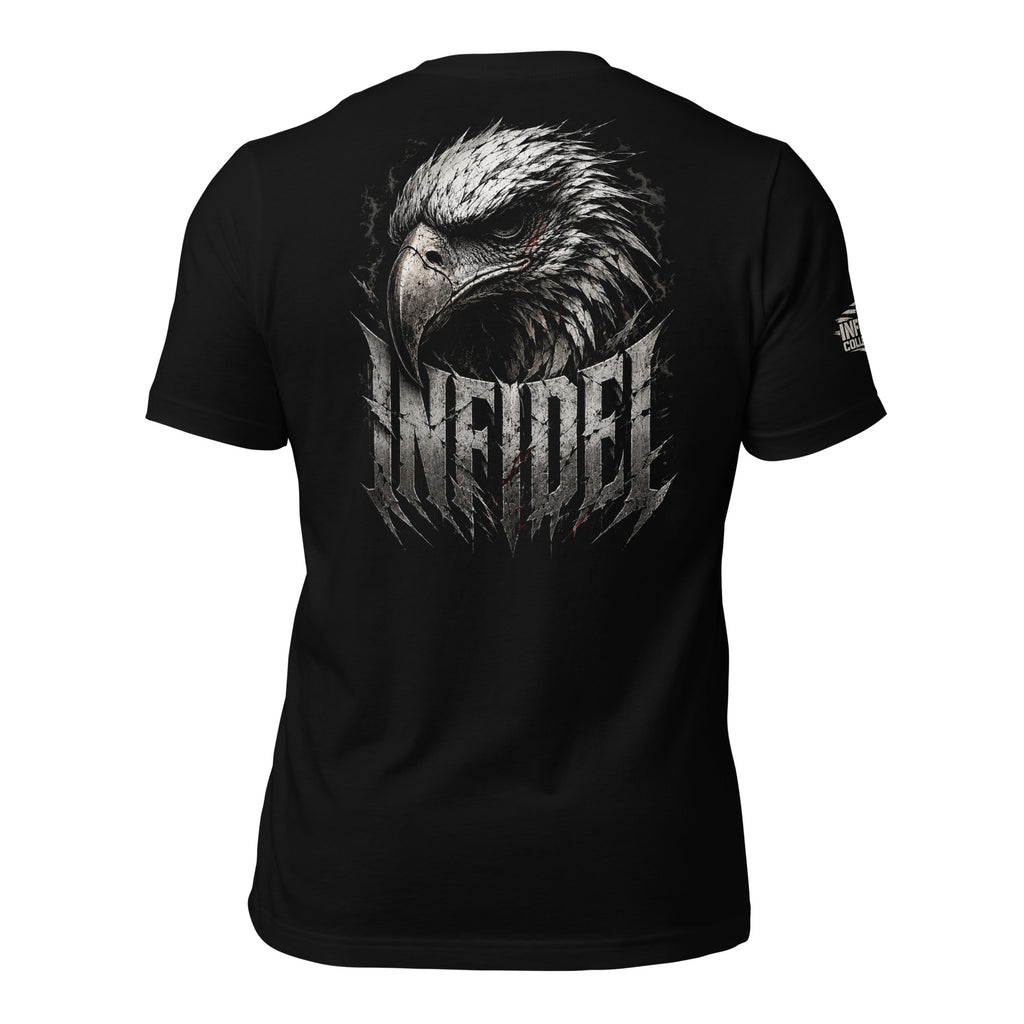 Infidel eagle head front print black tee from Infidel Collective