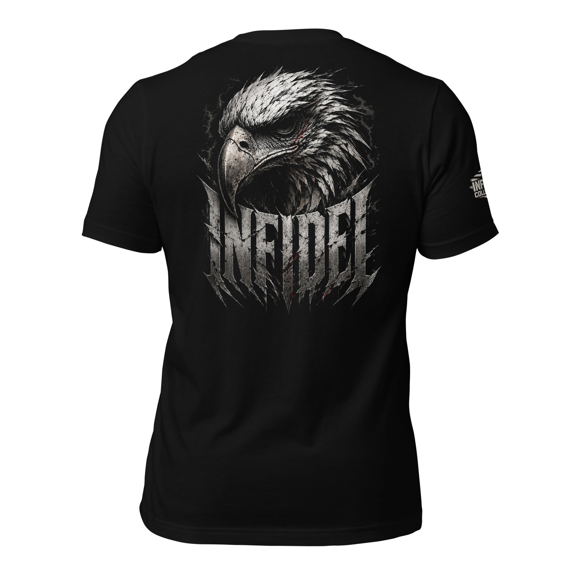 Infidel eagle head front print black tee from Infidel Collective