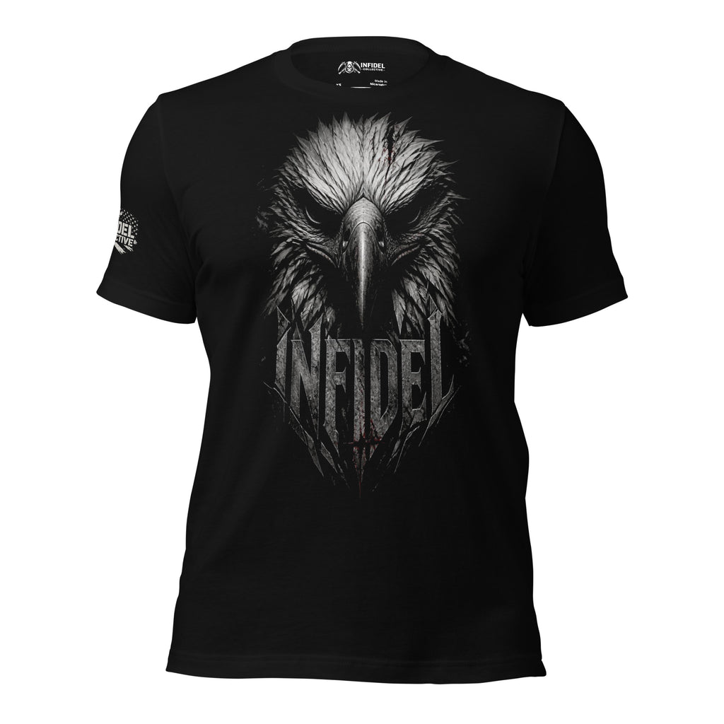 Infidel eagle head front print black tee from Infidel Collective