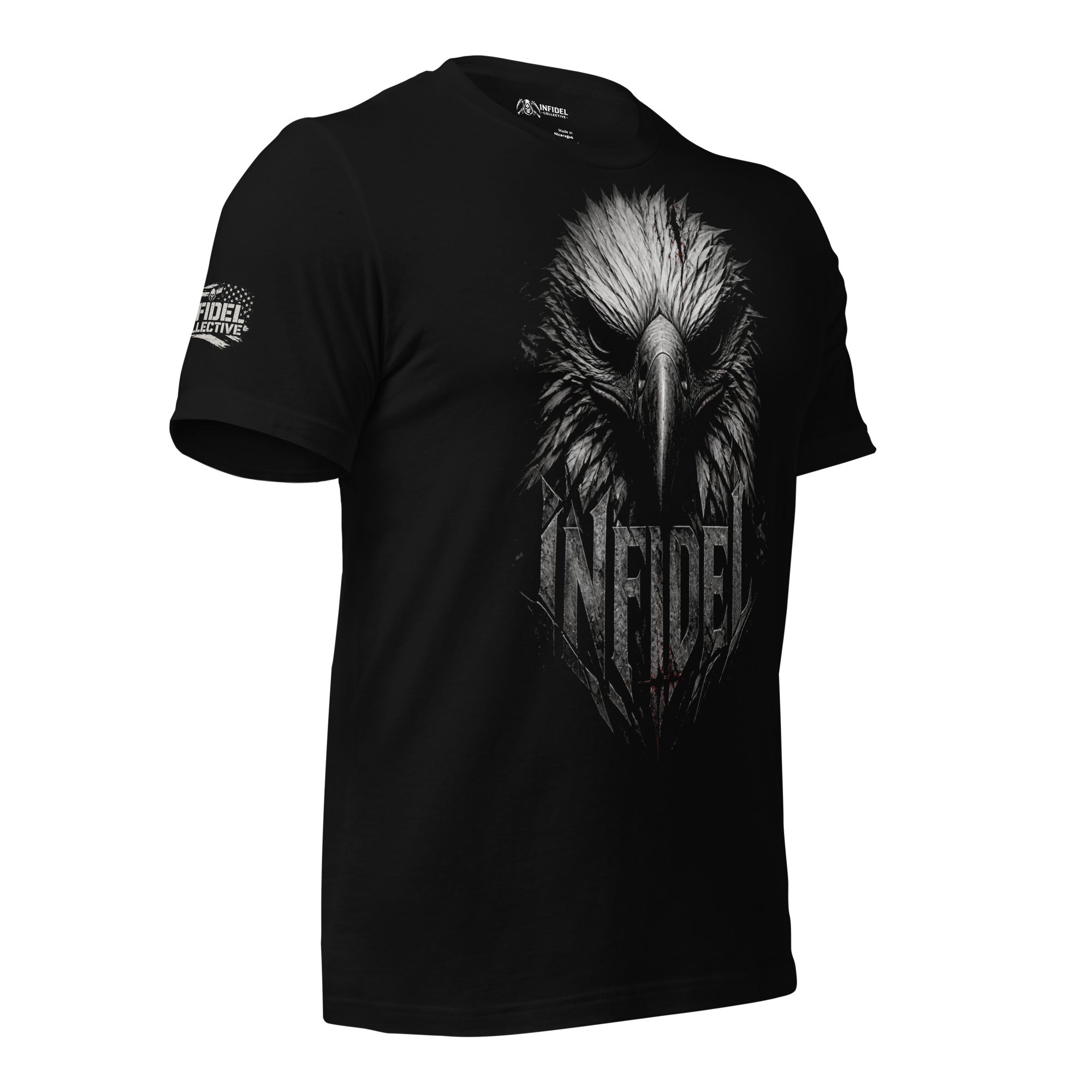 Infidel eagle head front print black tee from Infidel Collective