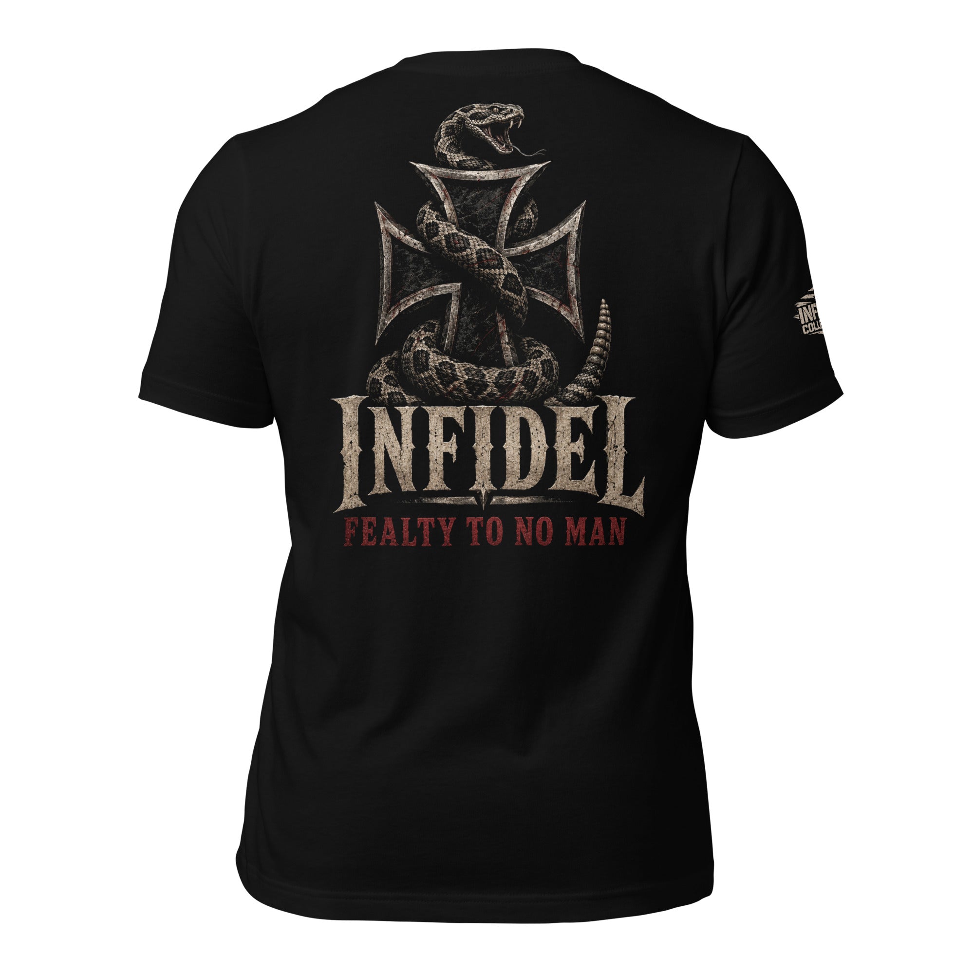 Infidel Fealty to No Man iron cross serpent back print black tee from Infidel Collective