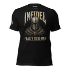 Infidel Fealty to No Man knight helmet back print black tee from Infidel Collective