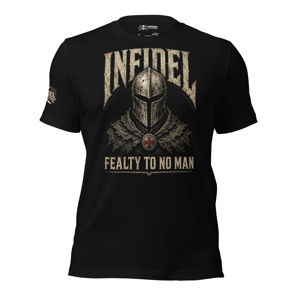 Infidel Fealty to No Man knight helmet back print black tee from Infidel Collective
