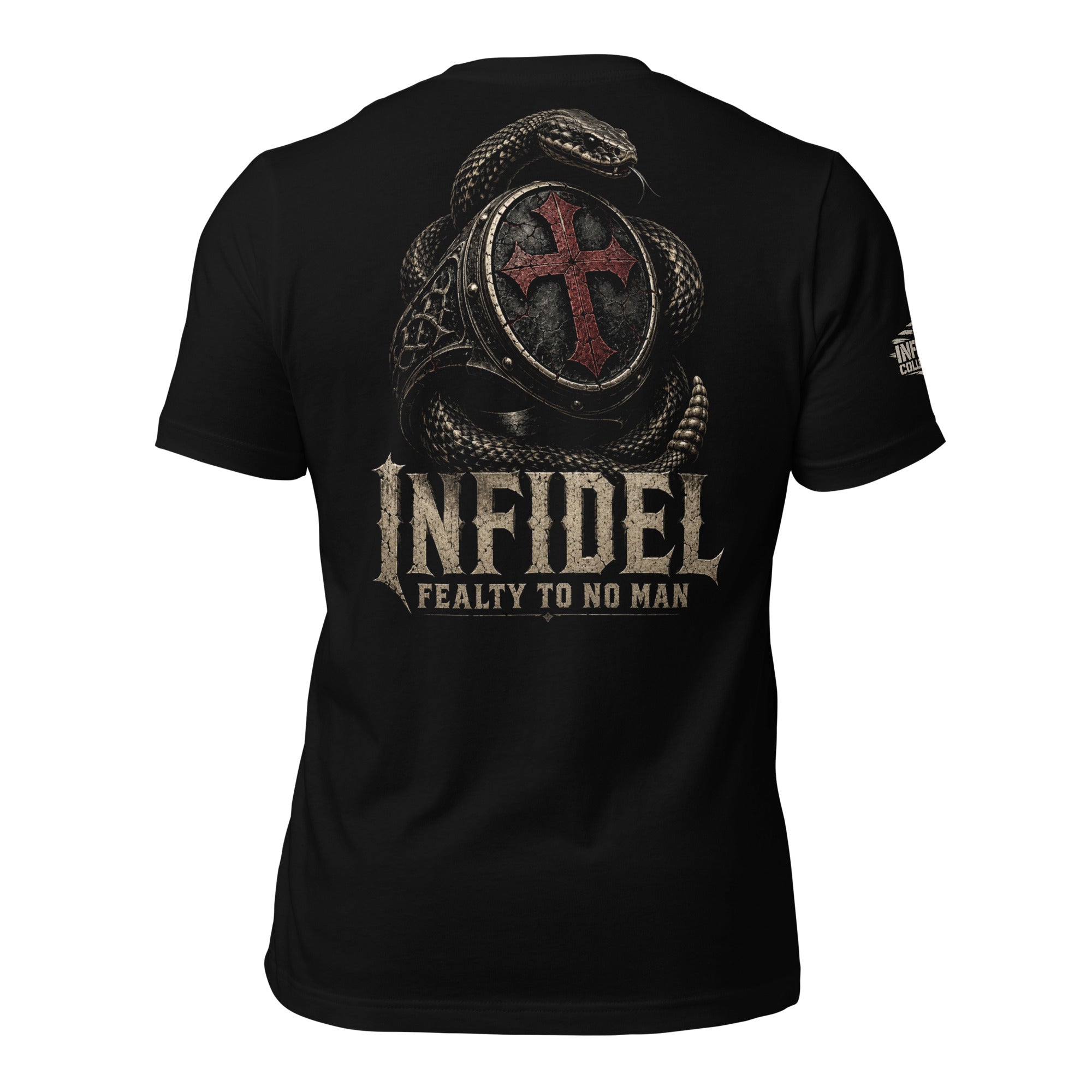 Infidel Fealty to No Man serpent fealty ring back print black tee from Infidel Collective