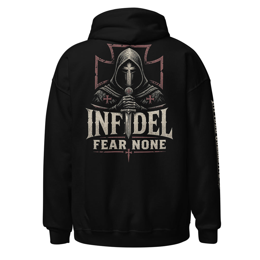 Black hoodie featuring the Infidel Fear None Hooded Knight graphic, back view