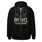 Black hoodie featuring the Infidel Fear None Hooded Knight graphic, back view