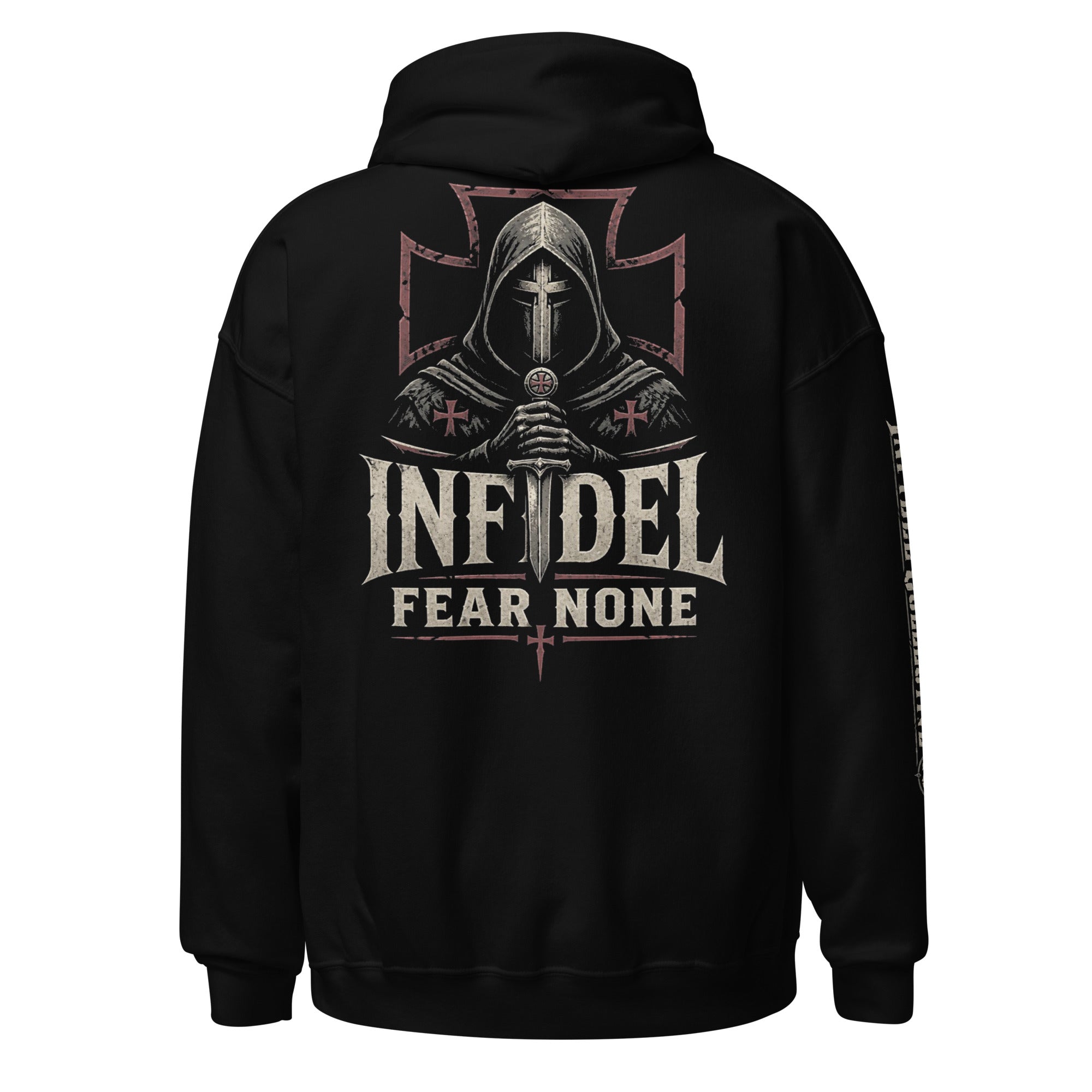 Infidel Fear None hooded knight back print black hoodie from Infidel Collective
