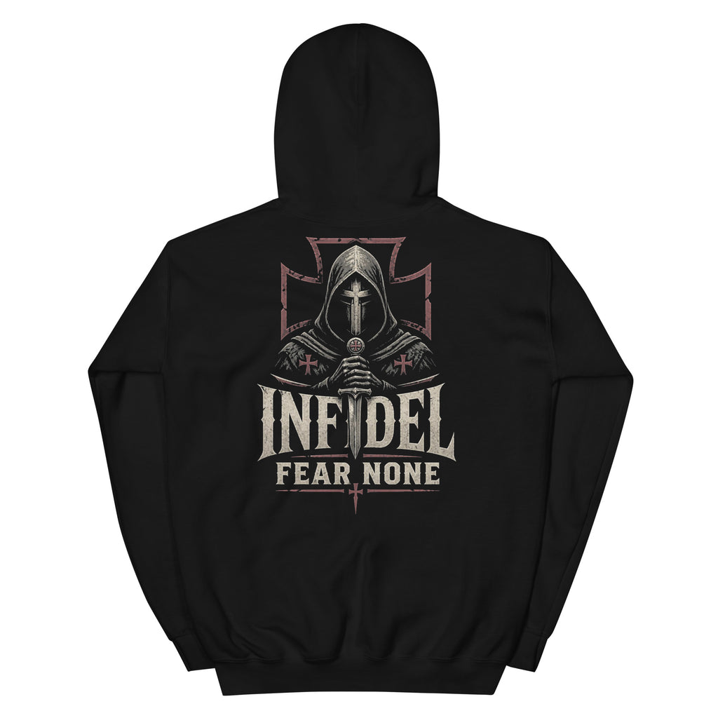 Black hoodie featuring the Infidel Fear None Hooded Knight graphic, back view