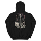 Black hoodie featuring the Infidel Fear None Hooded Knight graphic, back view