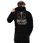 Black hoodie featuring the Infidel Fear None Hooded Knight graphic, back view