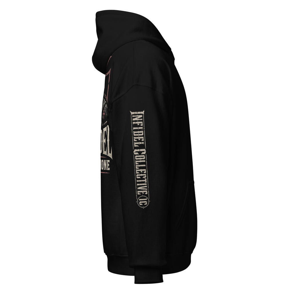 Black hoodie featuring the Infidel Fear None Hooded Knight graphic, right-side view