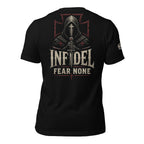 Infidel Fear None hooded knight back print black tee from Infidel Collective