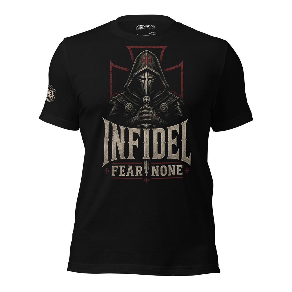 Infidel Fear None hooded knight front print black tee from Infidel Collective