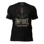 Infidel Fear None hooded knight front print black tee from Infidel Collective