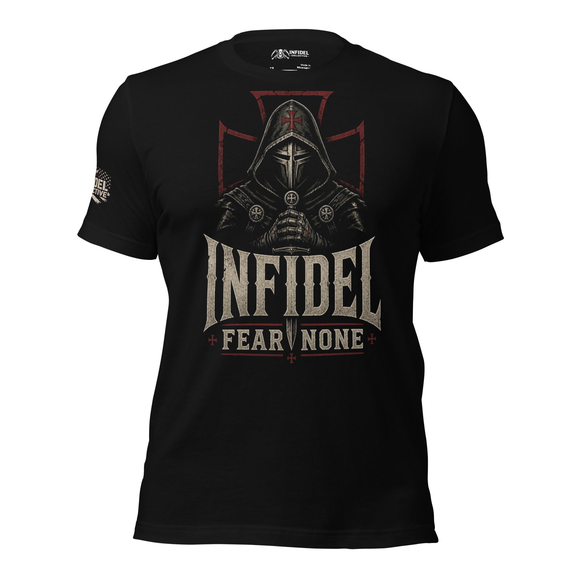 Infidel Fear None hooded knight front print black tee from Infidel Collective