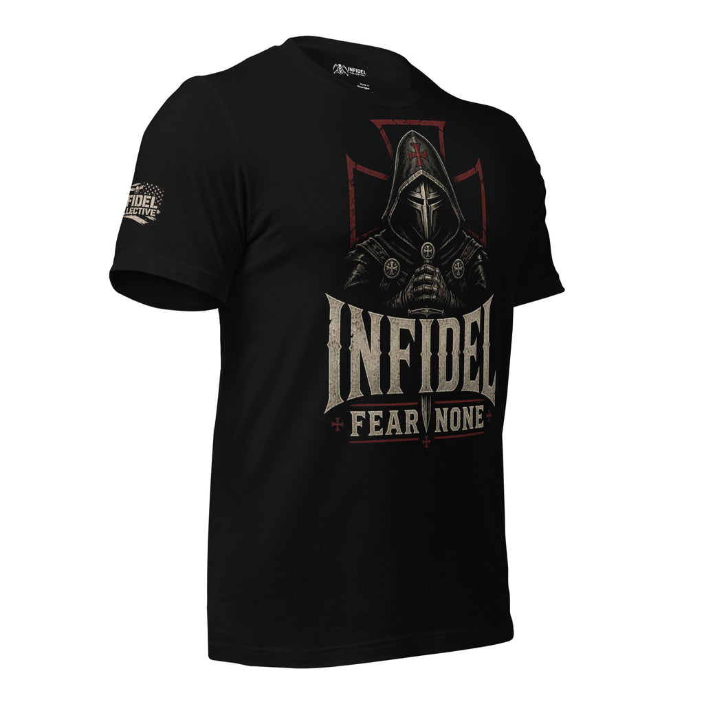 Infidel Fear None hooded knight front print black tee from Infidel Collective